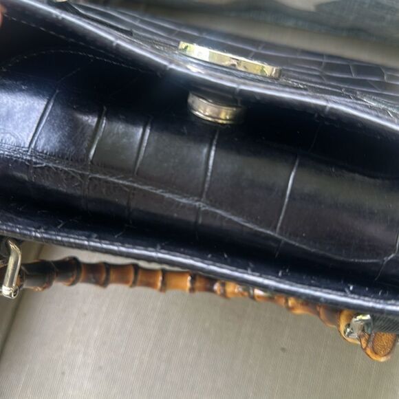 Dooney & Bourke Black Croc Leather Satchel Tote Bag Bamboo Handles - Picture 6 of 9